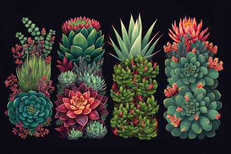 Series of illustrative succulent plants on dark background. Generative AI Illustrationの素材