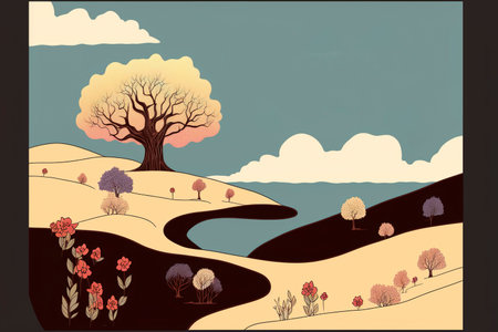 Surreal illustration flat design of a tree over the hills. Pastel colors palette. Generative AI Illustrationの素材