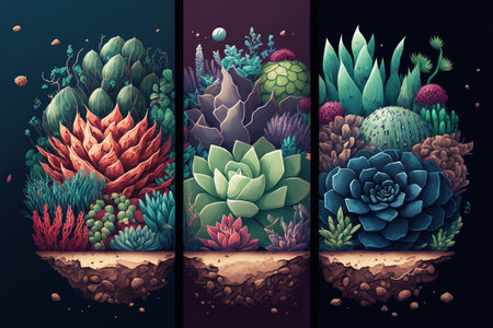 Succulent and cactus plants triptych over dark background. Banner composition digital art. Generative AI Illustrationの素材