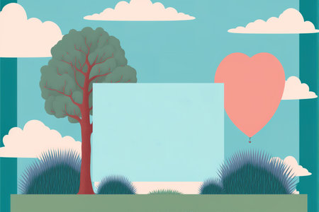 Signboard in landscape with tree and heart shape balloon. Minimalist flat design. Generative AI Illustrationの素材