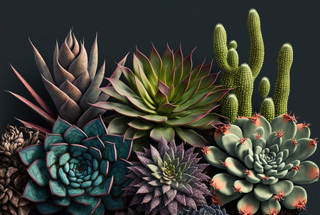 Beautiful succulent plant and cactus close up poster. Realistic composition. Generative AI Illustrationの素材