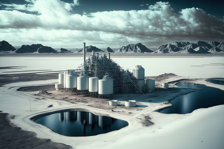 Lithium Extraction area in remote location on a cloudy day. Generative AI illustrationの素材