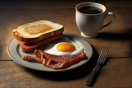 Breakfast composition with toast, bacon, eggs and a cup of coffee. American traditional breakfast. Generative AI illustrationの素材