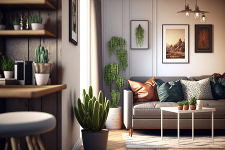 Contemporary home interior design in living room area with many house plants. Generative AI illustrationの素材
