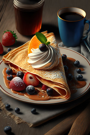 Crepes with berries and whipped cream with coffee. Vertical close up realistic illustration. Generative AIの素材