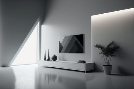 Minimalist modern home interior living room. White monochrome style. Generative AI illustrationの素材