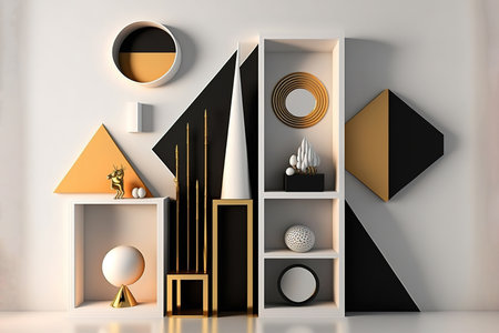 Geometric retro style hallway in golden and white tones. Home interior design concept. Generative AI illustrationの素材