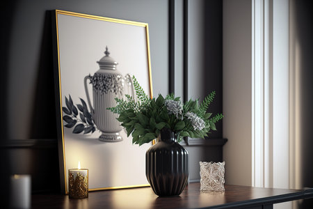 Classic style home interior close up. Vase with flowers and painting. Home interior design concept. Generative AI illustrationの素材