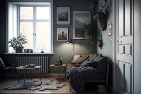 Living room area with Scandinavian interior design in grey, blue and beige colours. Home improvement inspirations. Generative AI illustrationの素材