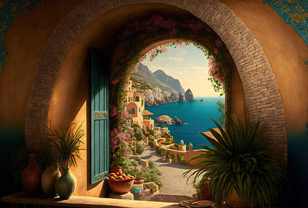 Mediterranean balcony with amazing view seen from picturesque cute window. Generative AI illustrationの素材