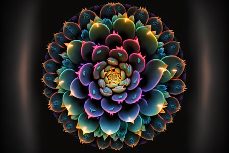 Neon glowing succulent plant top view. Circular poster, banner. Generative AI illustrationの素材