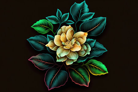 Neon glowing flower over dark background. Generative AI illustrationの素材