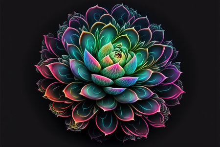 Succulent plant close up with neon outlines on dark background. Circle banner. Generative AI illustrationの素材