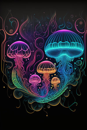 Jellyfish illustration with colorful neon outlines over dark background. Vertical Generative AI illustrationの素材