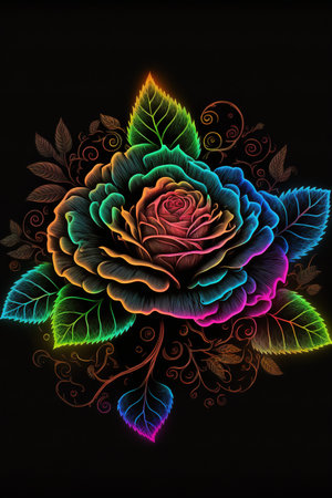 Rose flower with neon outlines on dark background. Vertical Generative AI illustrationの素材
