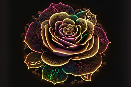 Rose with neon glowing outlines on dark background. Generative AI illustrationの素材