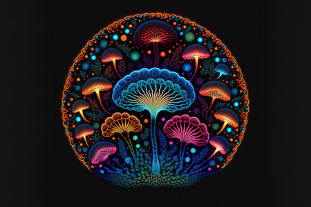 Psychedelic mushroom with neon glowing outlines on dark background. Generative AI circular illustrationの素材