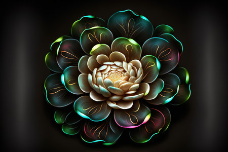 Flower with neon details on dark background. Generative AI illustrationの素材