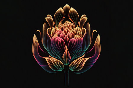 Neon glowing tulip opening, blossom. Dark background. Generative AI illustrationの素材