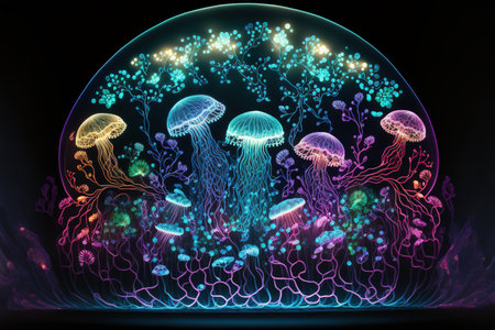 Neon glowing colorful banner of jellyfish. Fantasy style. Dark background. Generative AI illustrationの素材
