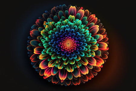 Colorful neon glowing Dahlia flower over dark background. Generative AI illustrationの素材