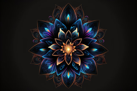 Symmetric neon glowing lily flower over dark background. Generative AI illustrationの素材