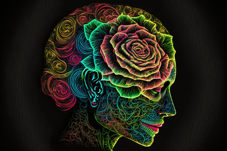 Woman with rose on head. Neon glowing outlines. Generative AI illustrationの素材