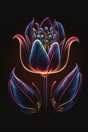 Tulip with neon outline over dark background. Generative AI vertical illustrationの素材