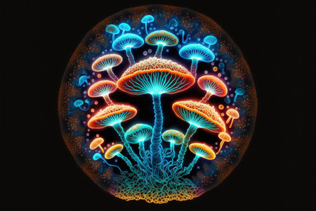 Circular banner of neon glowing mushrooms over dark background. Generative AI circular illustrationの素材