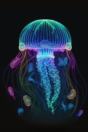 Neon jellyfish floating over dark background. Vertical Generative AI illustrationの素材