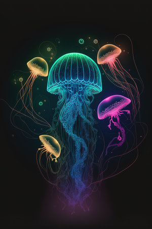 Fluorescent outline jellyfish illustration. Vertical Generative AIの素材