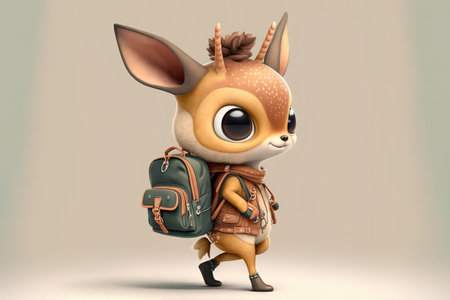 Cute baby deer with backpack ready for school. Cartoon animation style. Generative AI illustrationの素材
