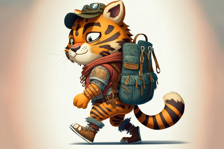 Cartoon animation of young tiger with backpack explorer. Generative AI illustrationの素材