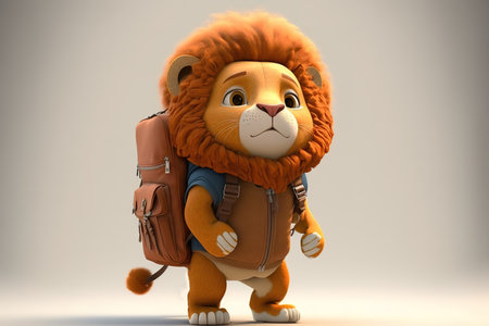 Baby lion with backpack ready for school. Cartoon animation style. Generative AI illustrationの素材