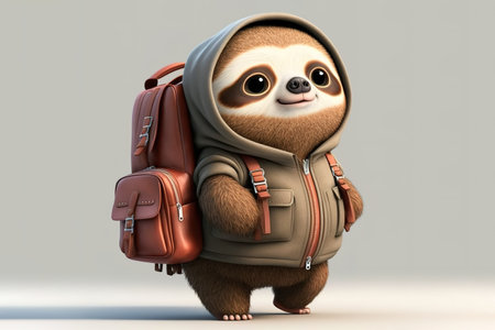 Cute sloth cartoon character with hoodie and backpack. Generative AI illustrationの素材