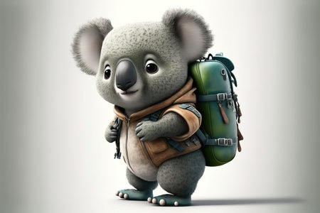 Cute baby koala with backpack ready for adventure. Cartoon animation style. Generative AI illustrationの素材
