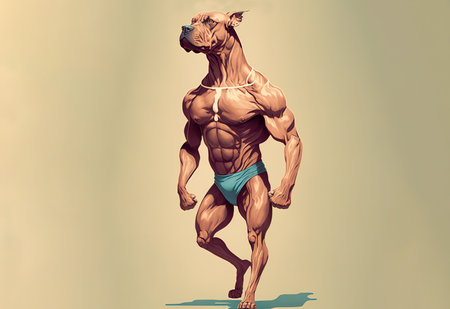 Dog with muscular human body in swim suit. Generative AI illustrationの素材