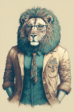 Elegant cool lion in human body. Generative AI illustration vertical portraitの素材