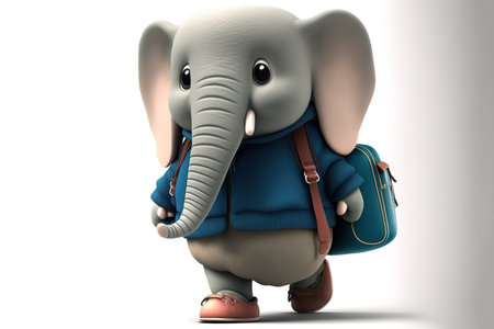 Adorable baby elephant with clothes and backpack. Animated cartoon style. Generative AI illustrationの素材
