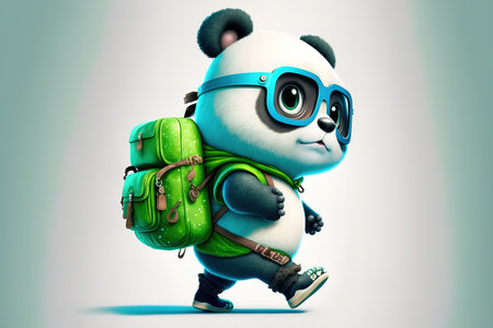 Baby panda cartoon animation with backpack going to school. Generative AI illustrationの素材