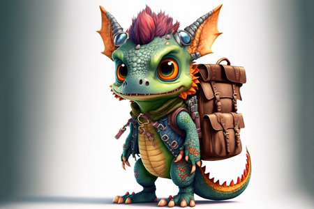 Baby dragon wearing backpack ready for adventure. Generative AI illustrationの素材