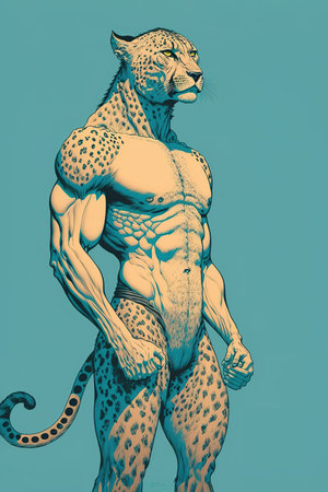 Cheetah with muscular human body of bodybuilder. Generative AI illustrationの素材