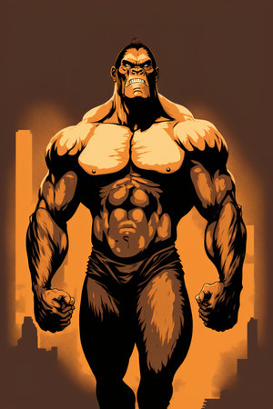Angry gorilla in bodybuilder human body. Vertical Generative AI illustrationの素材