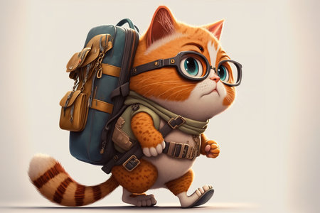 Adorable cat with eyeglass ready for adventure. Animated cartoon style. Generative AI illustrationの素材