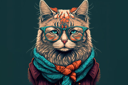 Hipster cool cat portrait with eyeglasses. Perfect for mugs, t-shirts, banners. Generative AI illustrationの素材