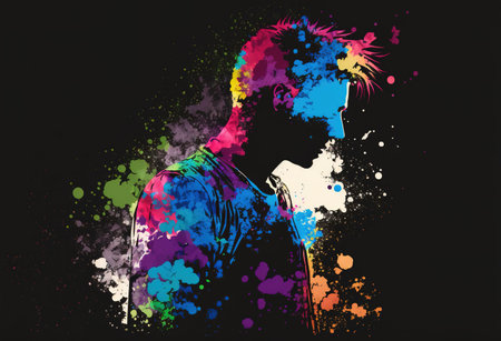 Silhouette of a man over abstract splash explosion of paint on dark background. Generative AI illustrationの素材