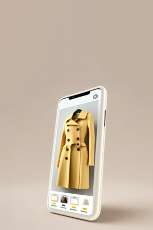 e-commerce concept. Mobile screen showing jacket on phone for buying online. Generative AI vertical illustrationの素材