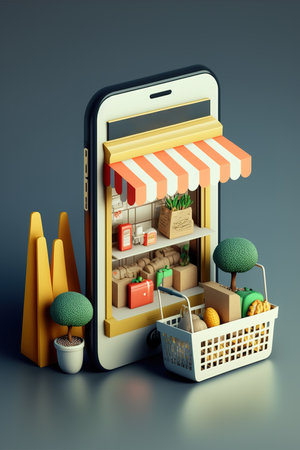 Supermarket online shopping. Mobile app, e-commerce concept. Generative AI vertical illustrationの素材