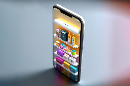 Smartphone screen showing fridge digital illustration. Mobile app, e-commerce concept. Generative AI illustrationの素材