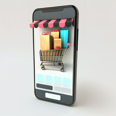 Online shopping on mobile app. Buying gifts for celebration, e-commerce. Generative AI vertical illustrationの素材